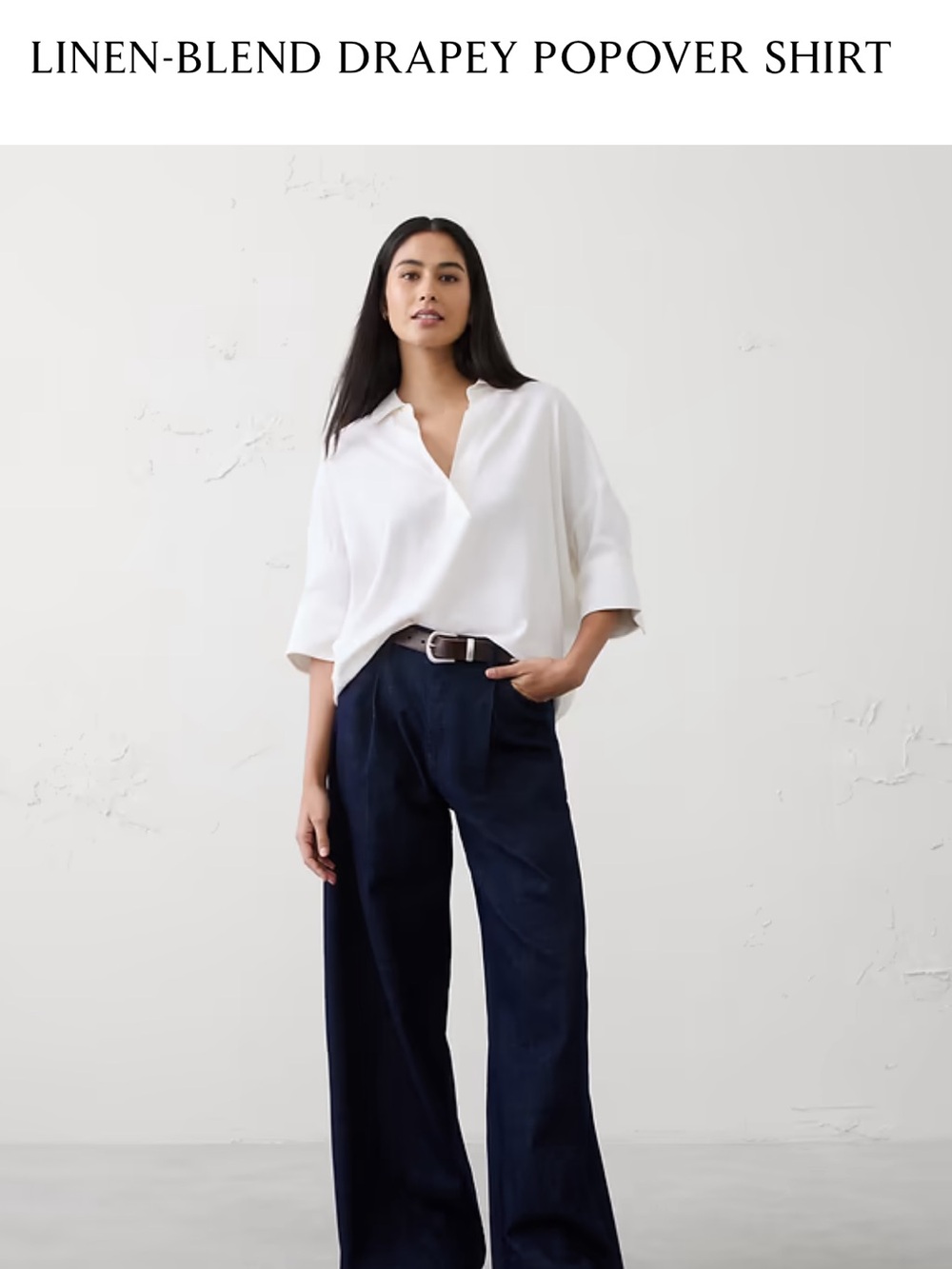LINEN-BLEND DRAPEY POPOVER SHIRT NAVY Banana Republic Factory